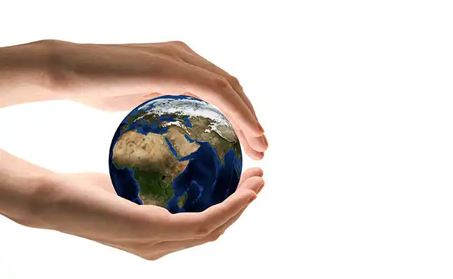 Imagen un globo terráqueo protegido entre dos manos representativa de los servicios de ELAN Asesores, consultoría y asesoría empresarial en Zaragoza para empresas y profesionales.