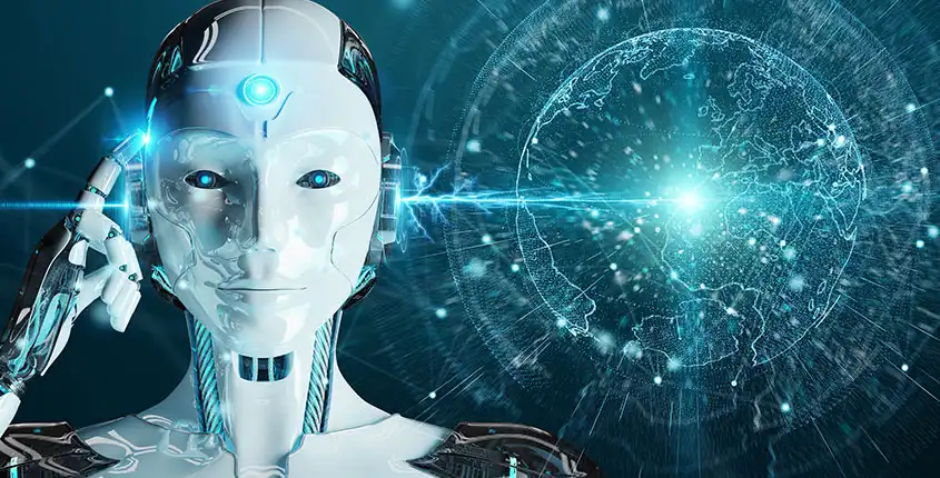 Un robot humanoide de aspecto futurista, al lado del robot se representa un planeta Tierra digitalizado, como si fuera una red global de información. Simboliza el Impacto de la inteligencia artificial en las empresas y su aplicación en la gestión, estrategia y toma de decisiones, como Elan Asesores explica a sus clientes en Zaragoza